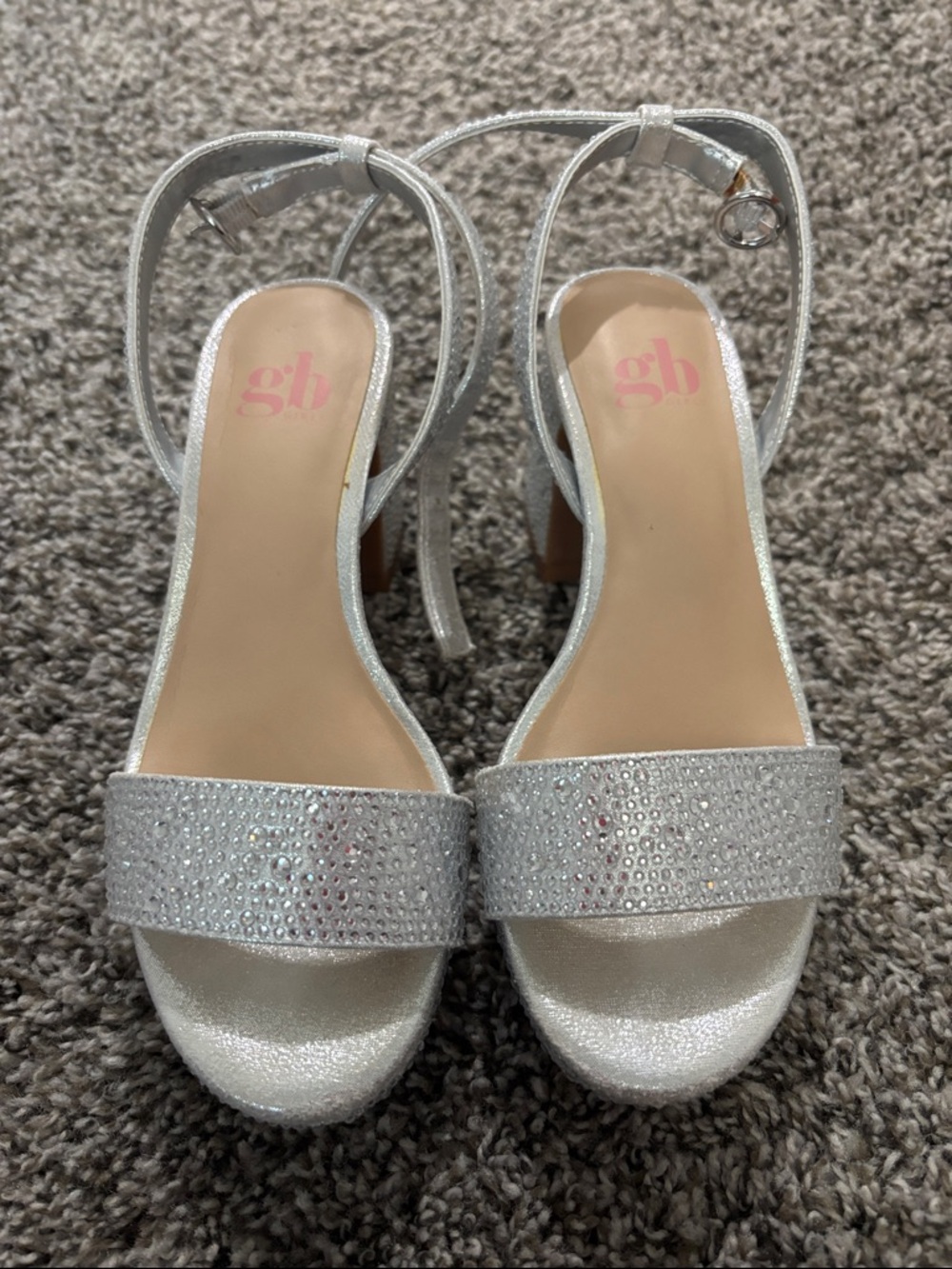 GB girls Silver Crystal-Embellished Ankle Strap Block Heels